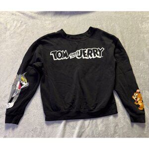 Tom & Jerry Black Sweatshirt Medium Pullover  With Sleeve Graphics Fleece-Lined